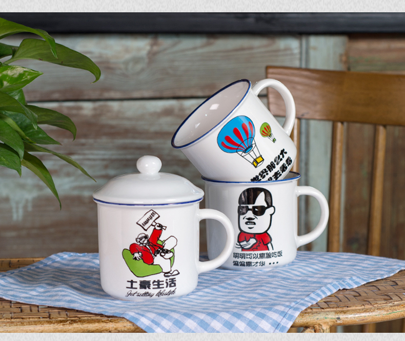 Retro ceramic keller cup with cover office tea urn creative move nostalgic classic glass imitation enamel cup