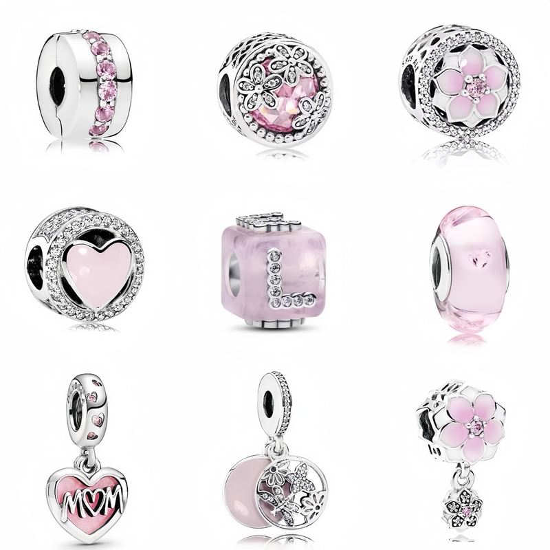 S925 Sterling Silver Snake Bone Bracelet DIY Pink Magnolia Flower Beads Loose Beads Heart-Shaped Clasp Bracelet Necklace Pendant