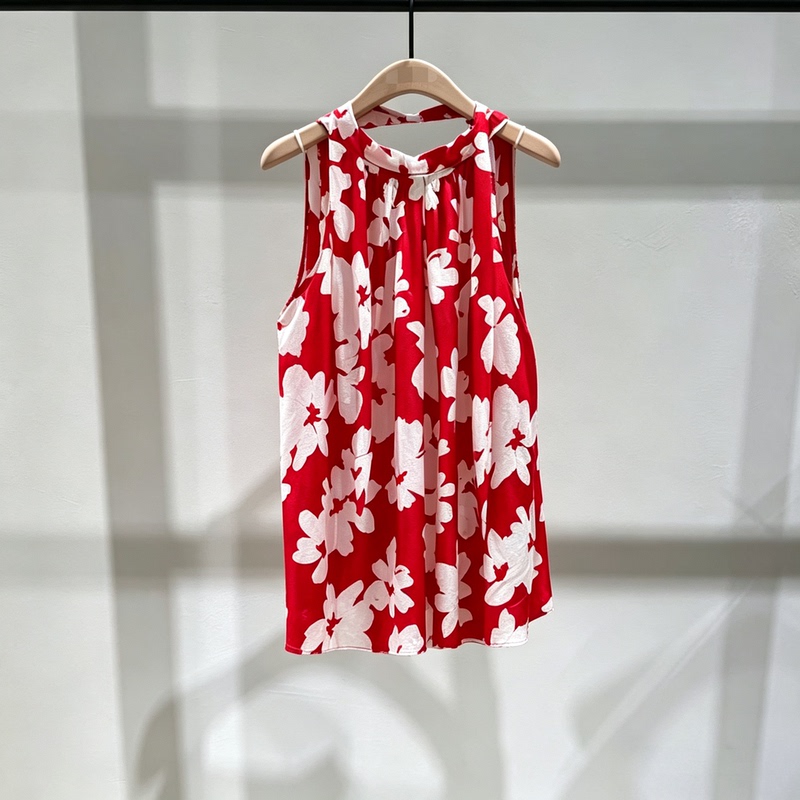 Authentic Camisole Top 2026 Summer Mulberry Silk Cotton Red Floral Off-The-Shoulder A-Line Loose Tie-Up Mbf2Top053