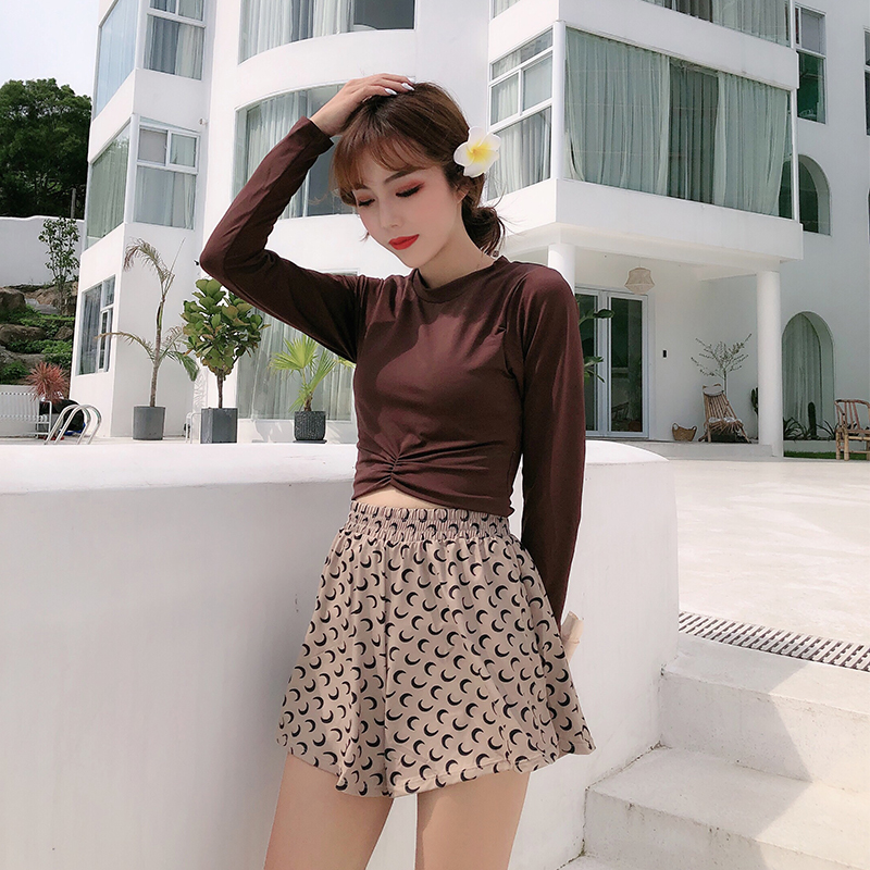 Peach Aborted Long Sleeve Swimsuit Women's Slim Veil Student Loose Round Collar Two-piece Korea Sun Speed Dry Three Suits