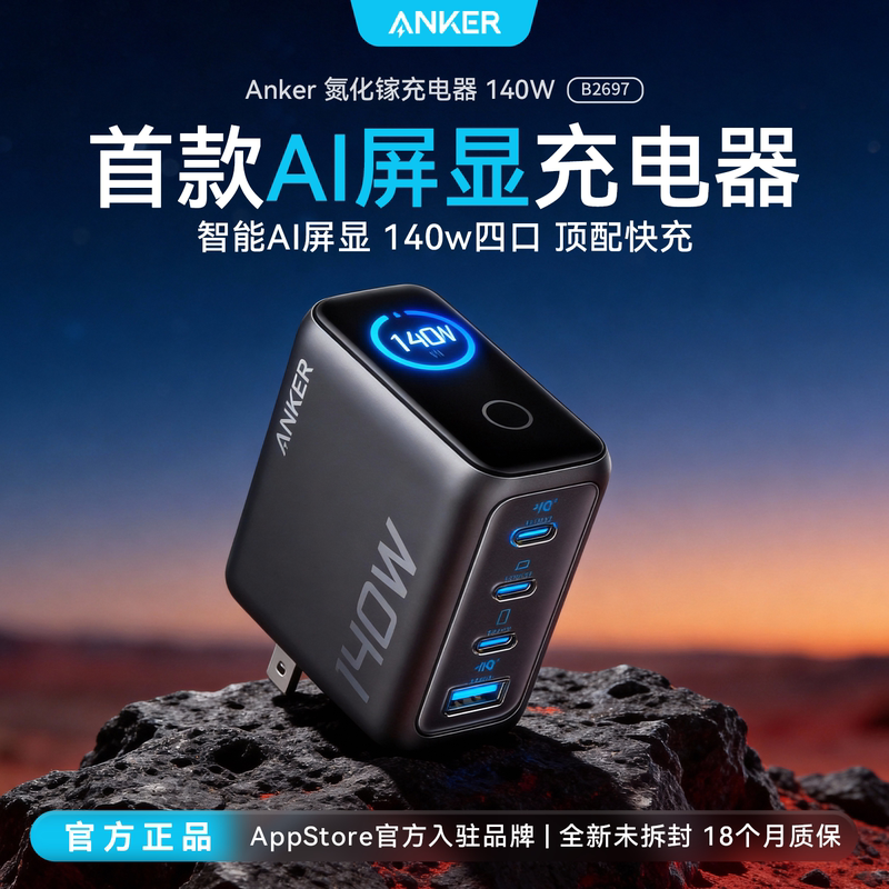 [Innovative Ai Screen Display] Anker Smart Display Charger 140W Gallium Nitride Charger Head Is Suitable for Fast Charging of Apple 17Promax Mobile Phones, 15Macbook Tablets, and Laptops
