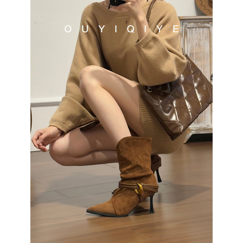 Cowhide Version ~ Fashionable Pointed-Toe High-Heeled Short Boots for Women, Autumn and Winter Design with Metal Buckle, Suede Stiletto Heel, Stacked Western Boots Cowhide Version ~ Fashionable Pointed-Toe High-Heeled Short Boots for Women, Autumn and Winter Design with Metal Buckle, Suede Stiletto Heel, Stacked Western Boots