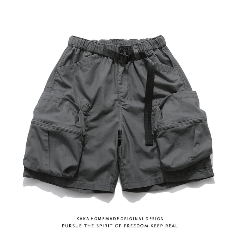 Japanese-Style Work Shorts for Men, Summer Functional Trendy Brand Outdoor Loose Multi-Pocket Five-Point Shorts, Washed Cotton Casual Pants, Trendy