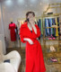 European high-end light luxury red mid-length belted acetate silk dress goddess style windbreaker blazer
