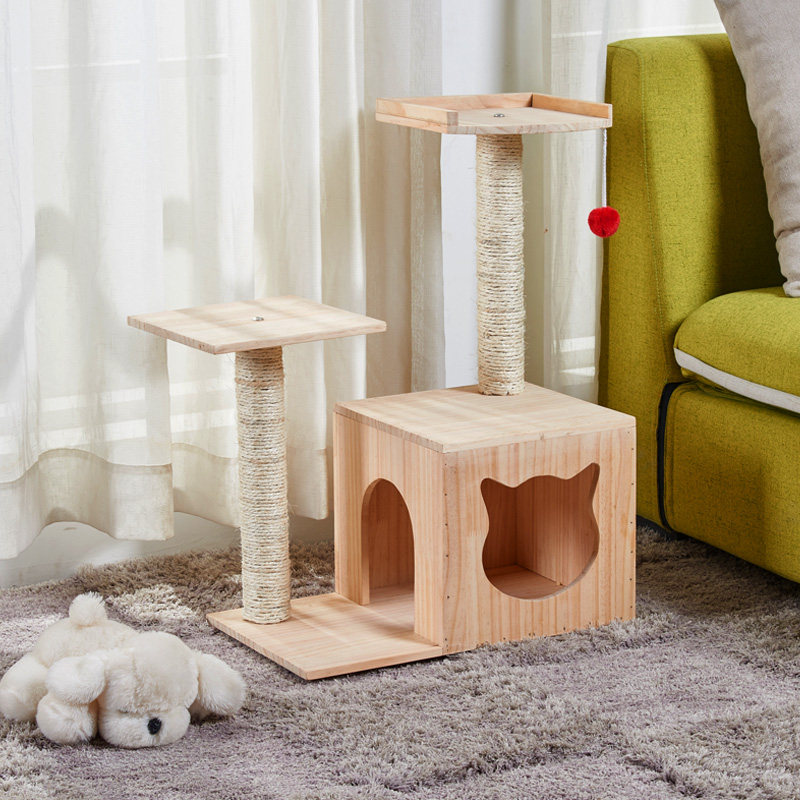 Cat climbing frame solid wood sisal cat nest villa wooden house big cat toy four seasons pet supplies cat tree small