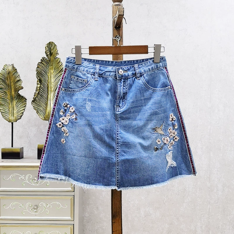 Nhóm thời trang Luo Xin thêu viền thô đã mỏng Một phiên bản váy denim nữ - Váy