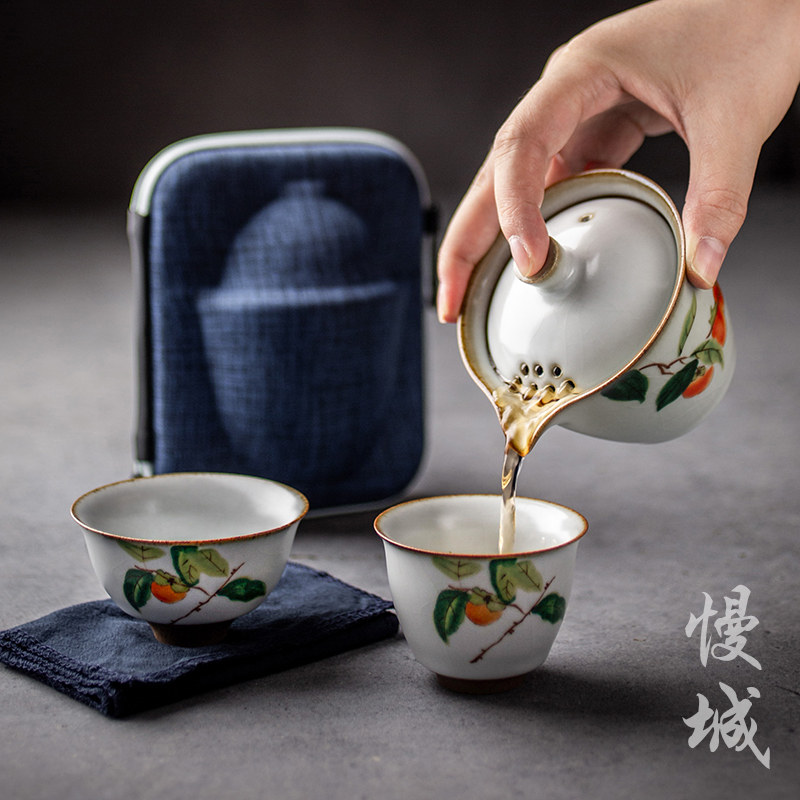 Vintage Ru Kiln quick one pot two cups portable travel ceramic Kung Fu tea set two people set cover bowl tea pot cup
