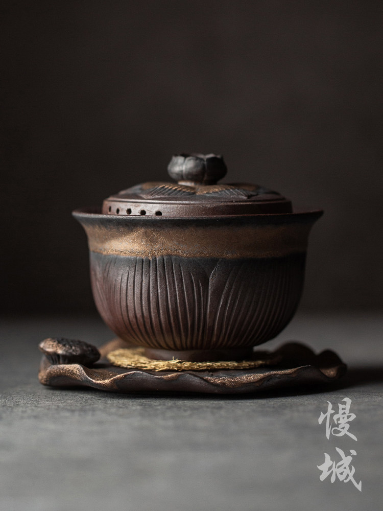 San Cai Gaiwan Tea cup Ceramic tea bowl Kung Fu tea retro handmade coarse pottery large tea bowl Household tea maker