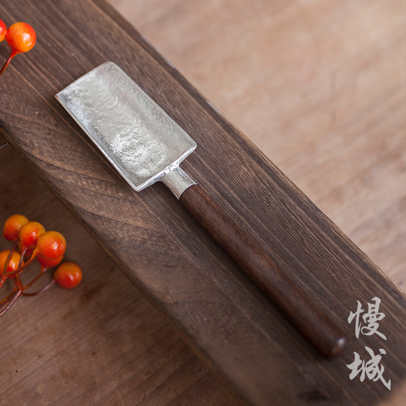 Tin tea spoon, tea shovel, tea spoon, small teaspoon, ebony long handle, household tea ceremony parts, tea set accessories, tea measuring spoon