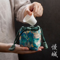 Subcotton hemp cloth bag containing travel cloth bag retro Chinese style small number tea bag portable with ancient painting tea set tea road accessories