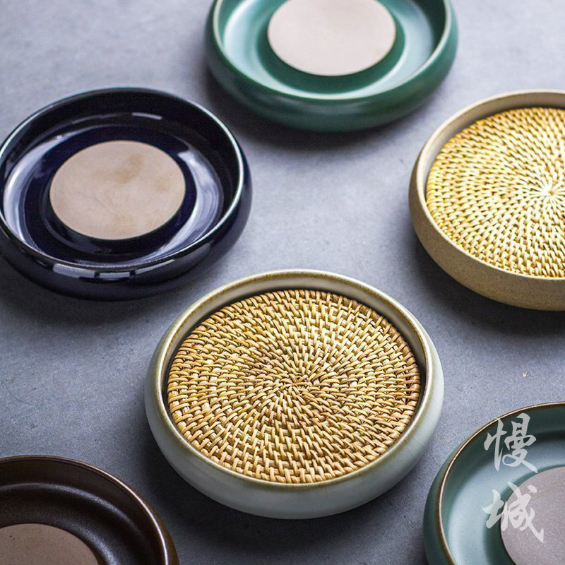 Slow City Ru Kiln pot bearing cushion coarse pottery rattan chic tea bearing days Purple Sand Pot tea set accessories Tea track Zero-fit dry foam tray