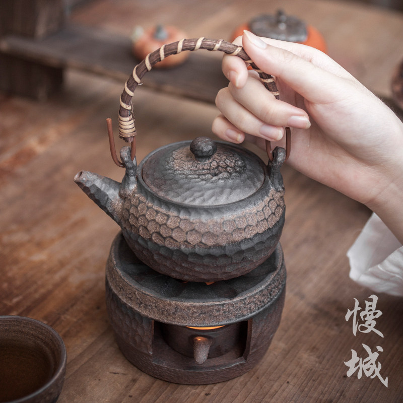 Hand-made beam pot Antique coarse pottery hammer pattern cooking teapot Kettle Pu'er tea single pot Small Japanese Kung Fu Tea set