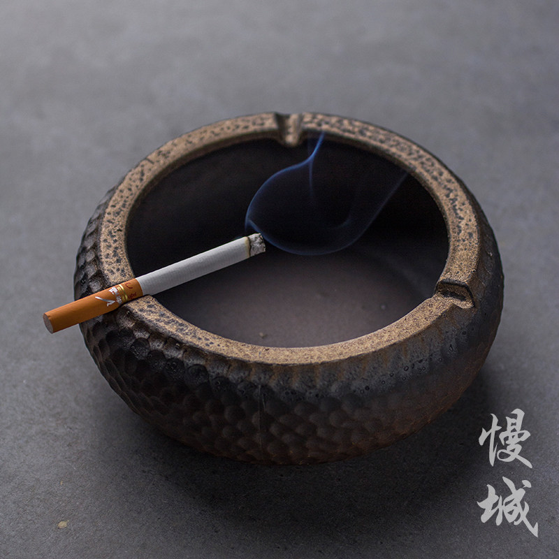 Rough pottery ashtray Japanese retro large old ceramic ashtray windproof creative Chinese home office