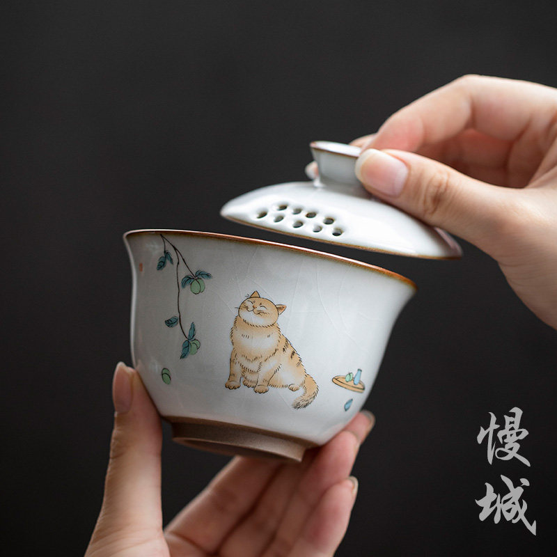 Ru kiln Sancai cover bowl can be opened to raise a single tea bowl household anti-scald ceramic kung fu tea set kitten hand grasping pot