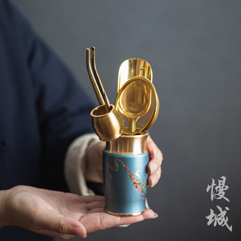 Slow City Golden Deer Bronze System 6 Suits Kung Fu Tea Accessories Pure Copper Tea Clip Tea Knife Tea Spoon Tea Accessories