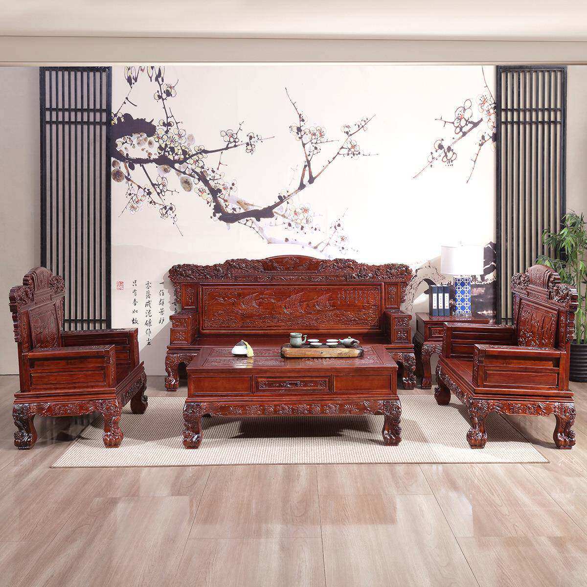中式仿古实木沙发明清古典家用冬夏两用雕花组合客厅红木木质家具