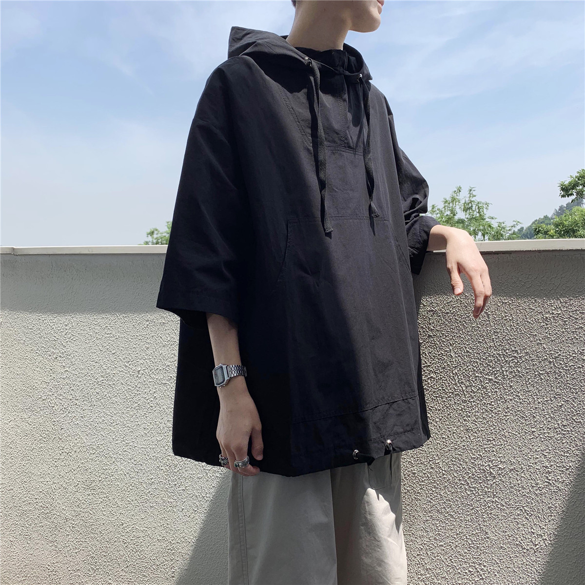 Melody windmill solid color shirt men loose summer Korean version of the trend hooded pullover casual top short-sleeved shirt tide