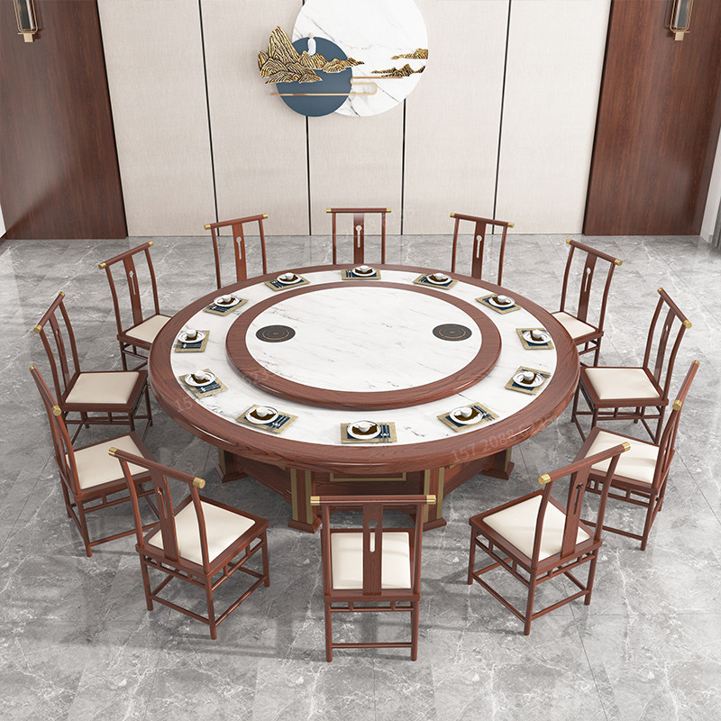 Hotel table large round table electric turntable hotel box table new Chinese style 15 people 20 people imitation marble countertop