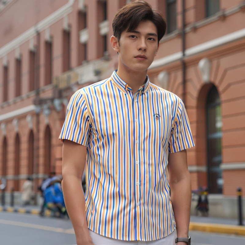 Paul Pure Cotton Brushed Summer Short-Sleeve Shirt for Men, Breathable Striped Shirt for Young and Middle-Aged Men