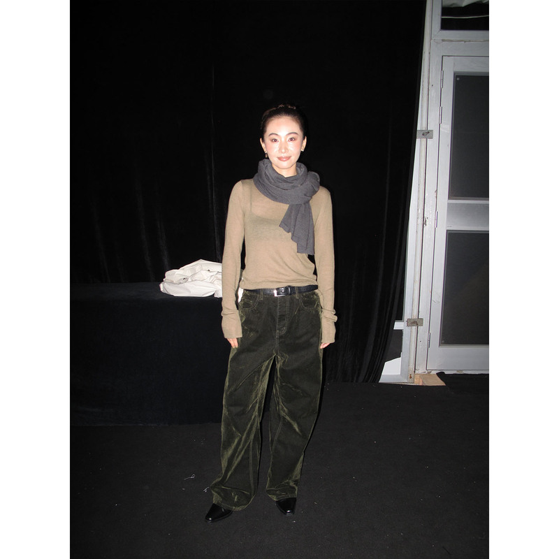 Inaien's Xiaoxiao Brand Imported "Coral Sea" Yarn Boat-Neck Versatile Wool Base T-Shirt Top