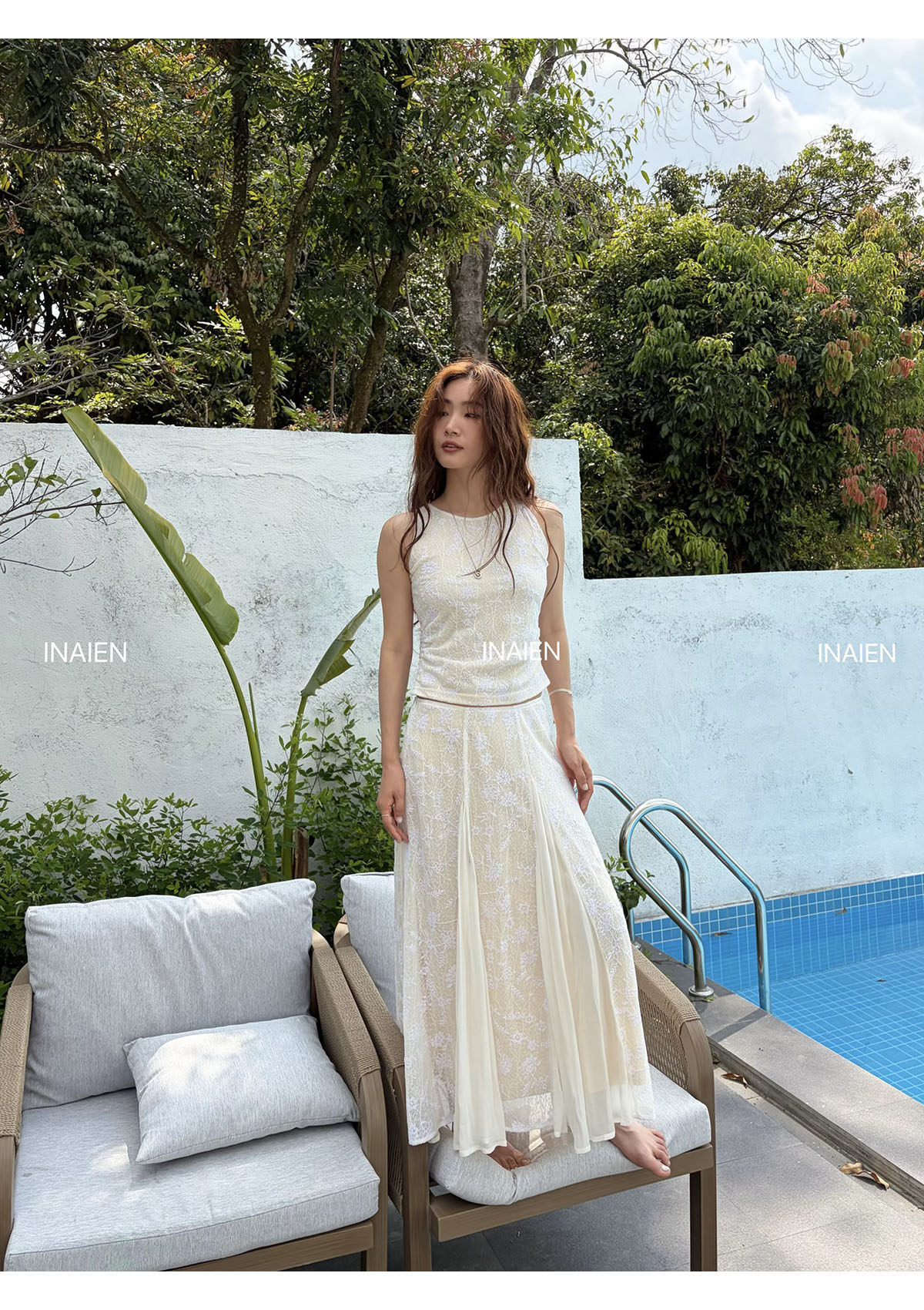 INAIEN笑笑家26 ранняя весна "Кружевная мечта" нежная элегантная кружевная жаккардовая юбка с приталенным силуэтом