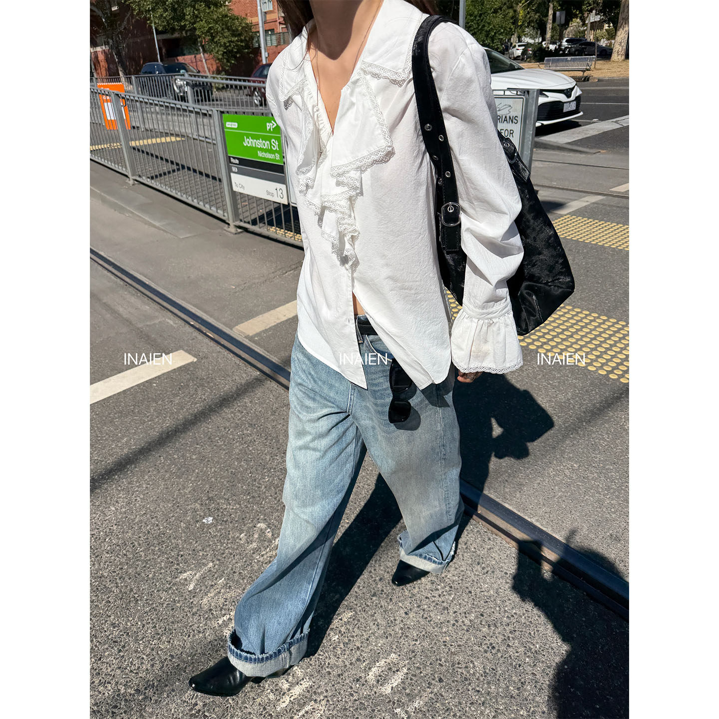 INAIEN笑笑家 джинсы дымчато-синие 2026 новая модель женские широкие брюки