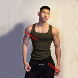 Summer American square collar wide mouth vest men's pure cotton coarse thread military green fitness sports breathable ຄື sleeveless