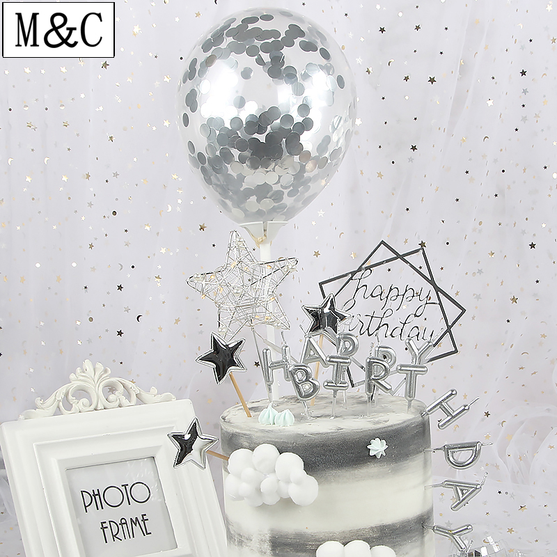 Birthday baking cake decorated with meritocratic pearl hollowed-out gold and silver wire stars inserted in the flag Iron art pentagram