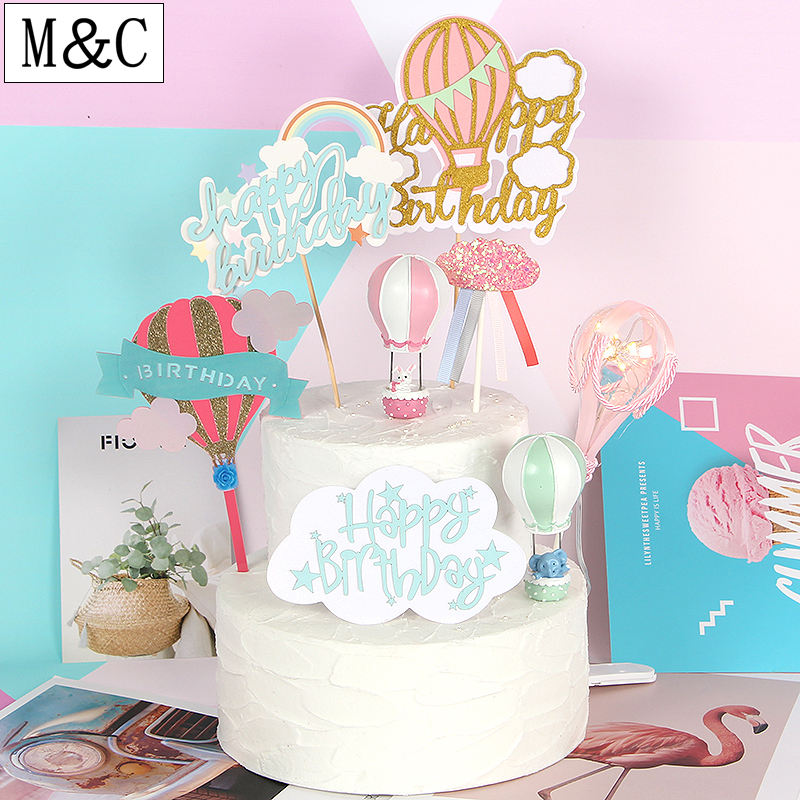 Green Pink Elephant Bunny Hot Air Balloon Cake Decoration Cake Insert Party Dessert Table Decoration