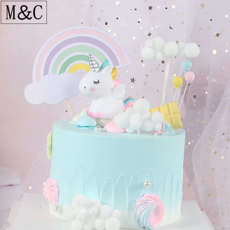 Baking Bacon Cake Decoration Rainbow Cloud Doro Unicorn Colorful Balloon Cartoon Birthday Cake Sweet Table Decoration