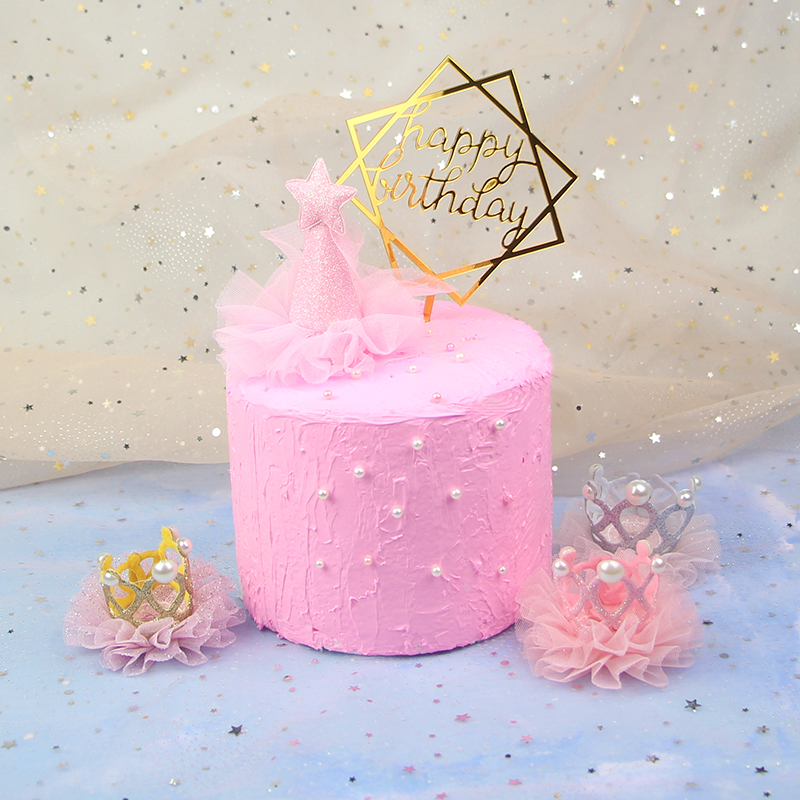 Baking Cake Decoration Cute Pink Tender Little Princess Hollowed-out Pearl Crown Birthday Hat Party Dress Costume
