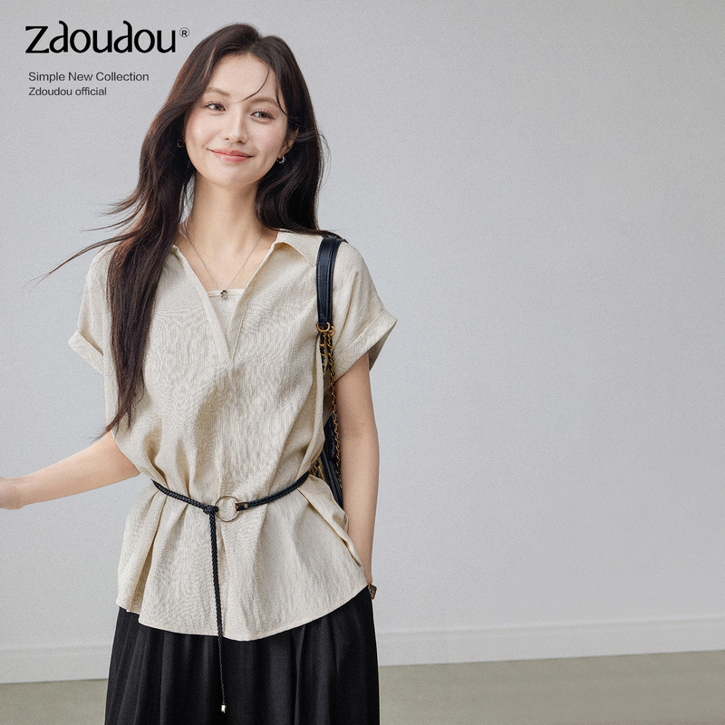 Zhang Doudou French-Style Polo Collar Short-Sleeve Shirt for Women, New Summer Design, Niche Style, Elegant Commuter Waist-Cinching Top