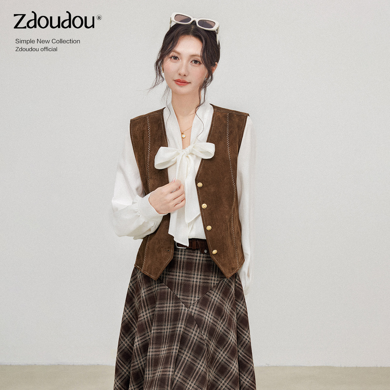 Zhang Doudou Coffee-Colored Retro Vest for Women, Autumn Outerwear with a High-End Feel, Sleeveless Vest for Layering