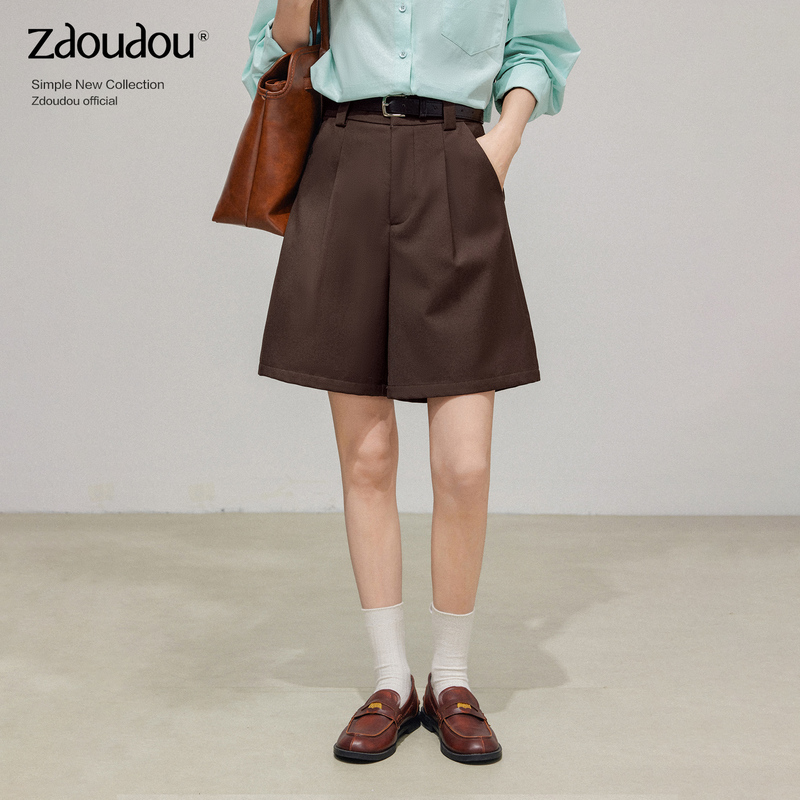 Zhang Doudou Melard Coffee-Colored Pants Casual Pants for Women Autumn 2026 New High-Waisted Wide-Leg Pants A-Line Shorts
