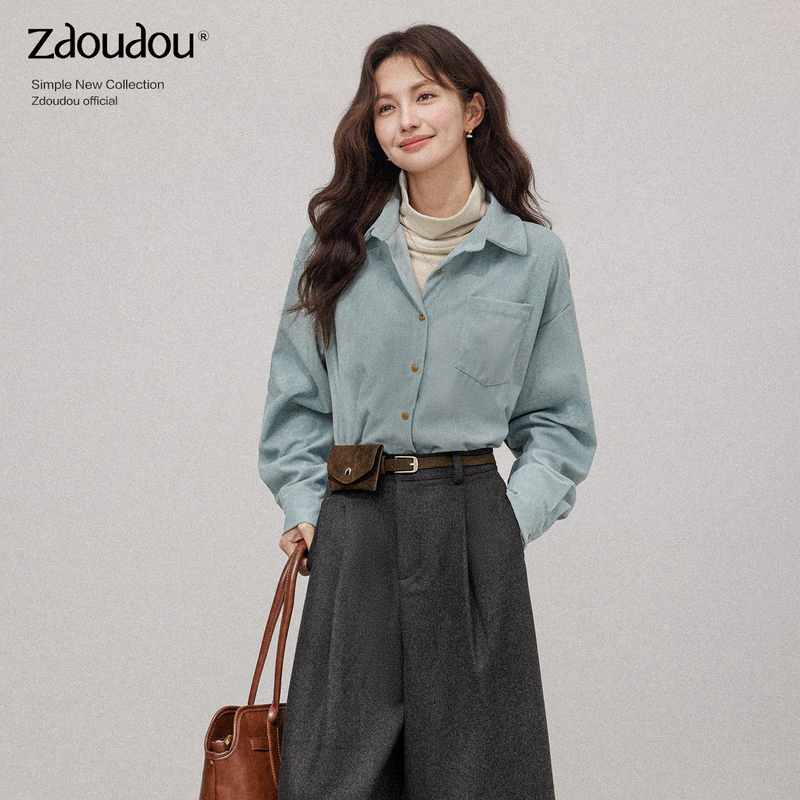 Zhang Doudou Corduroy Polo Collar Shirt for Women, Autumn 2026 New Korean Style Loose Casual Layered Waist-Cinching Top