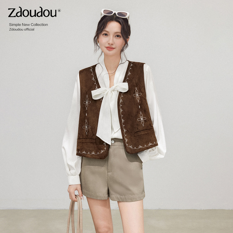 Zhang Doudou Suede Embroidered Vest for Women, 2026 New Autumn Style, Sleeveless Outerwear for Layering