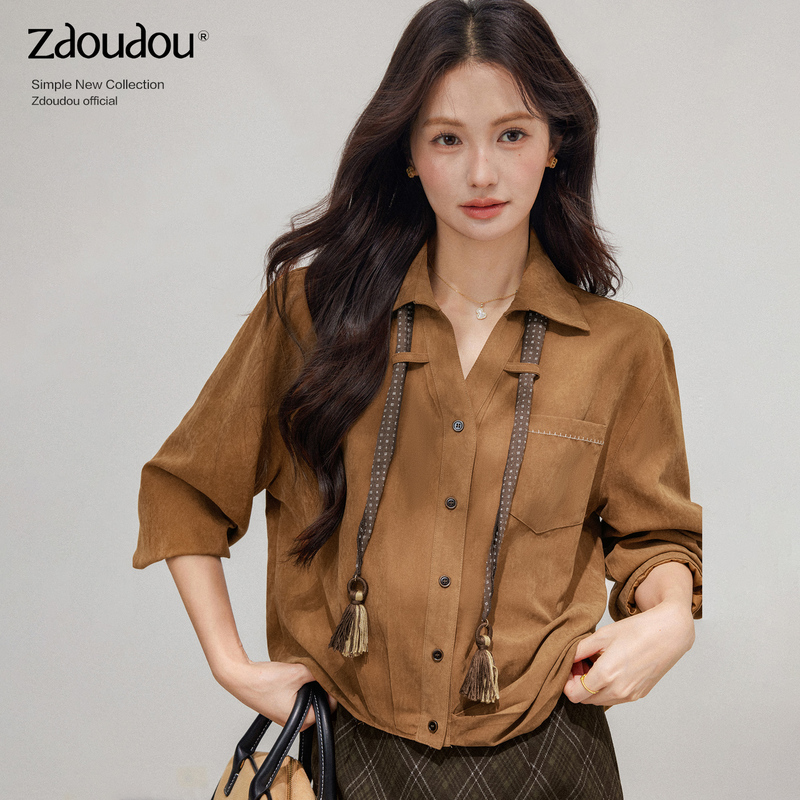 Zhang Doudou Maillard Retro Long-Sleeve Shirt for Women, 2026 New Autumn and Winter Shirt with Silk Scarf Design Top