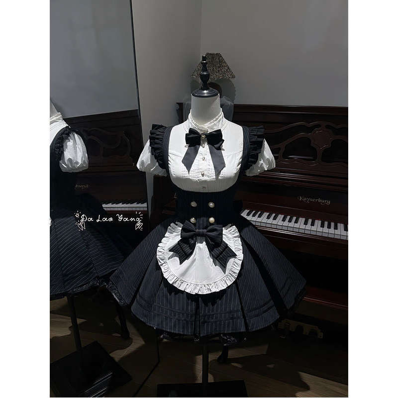 Black Striped Sweetheart Maid Outfit with Chest Support, Bowknot Shirt, Short-Sleeve Lolita Dress Set, Lolita Dress for Women