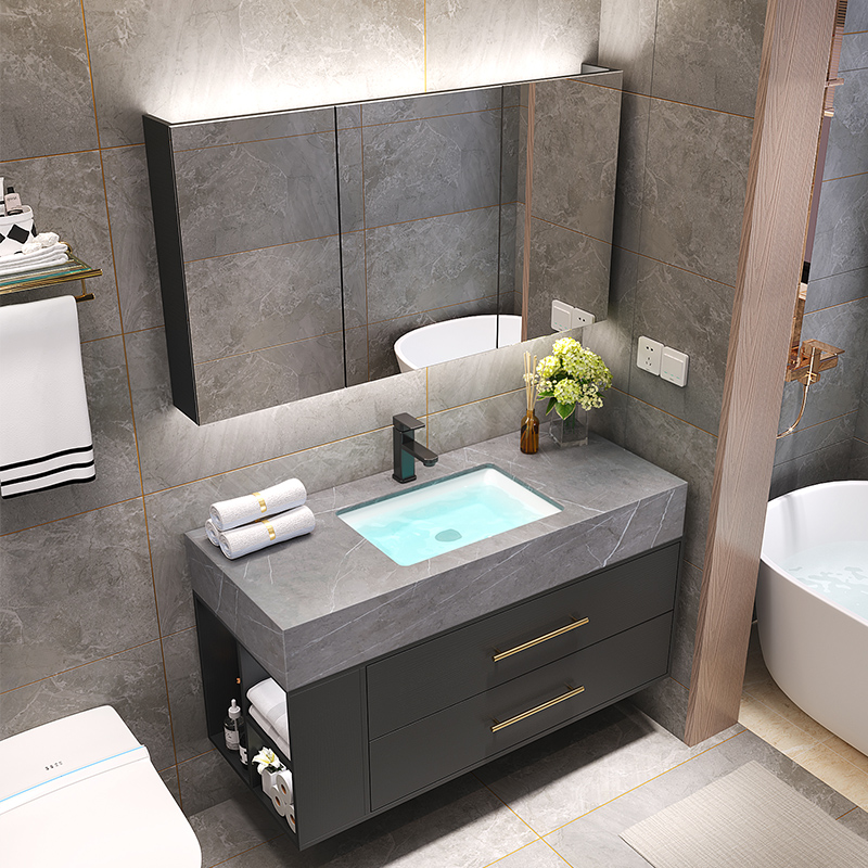 Modern simple rock slab integrated smart bathroom cabinet combination set toilet wash stand sink wash basin cabinet