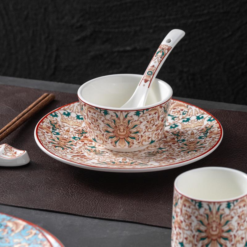 New Chinese-Style Tableware Set for Hotel Restaurants, Five-Piece Creative Retro Embossed Painted Bowls, Spoons, Plates, Flower Tea Cup Set New Chinese-Style Tableware Set for Hotel Restaurants, Five-Piece Creative Retro Embossed Painted Bowls, Spoons, Plates, Flower Tea Cup Set