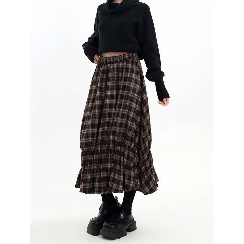 Ukgoty / Plaid Woolen Skirt for Women, Japanese Style Retro Casual High-Waisted Loose Mid-Length Skirt for Autumn and Winter