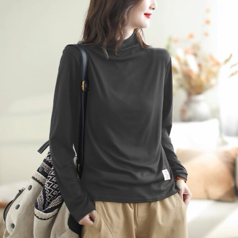 Spring and Summer 100% Pure Cotton Long-Sleeved T-Shirt for Women, Large Size Pullover Top, Loose Artistic Half-High Collar Simple T-Shirt