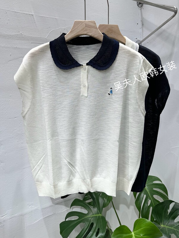 Fashion Color-Blocking Doll Collar Embroidered Cartoon Short-Sleeve Knit Top for Women 2026 New European Style Slimming Versatile Trendy Top Fashion Color-Blocking Doll Collar Embroidered Cartoon Short-Sleeve Knit Top for Women 2026 New European Style Slimming Versatile Trendy Top