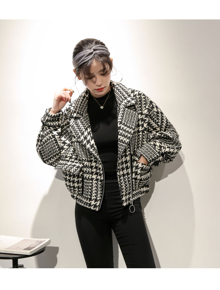2018 thu đông mới houndstooth len len lông nhỏ nước hoa ngắn tay áo kẻ sọc kẻ sọc len nữ áo khoác kaki nữ