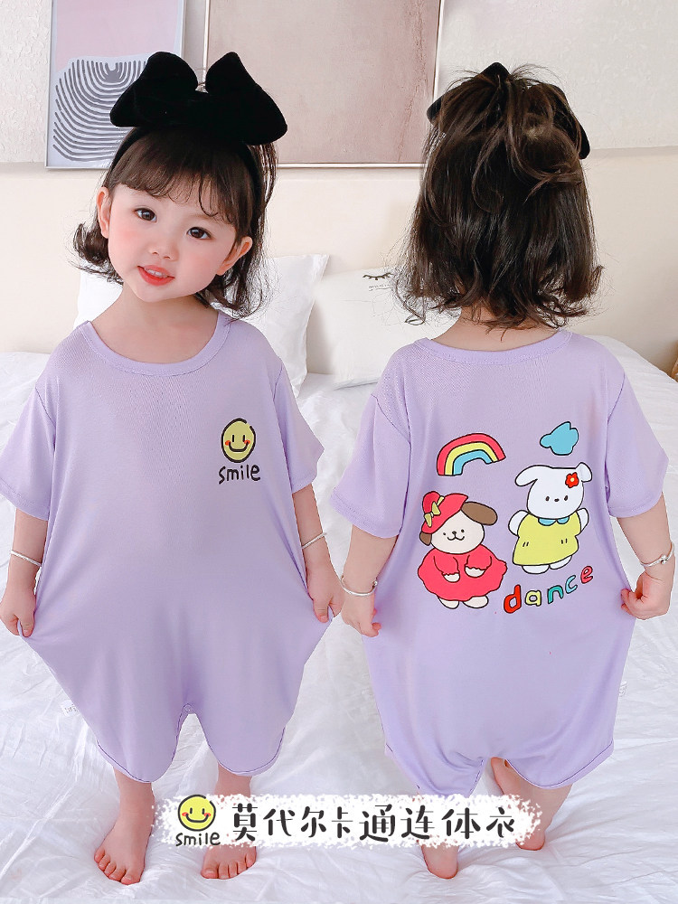 CHILDRENS ONE-PIECE PAJAMAS BOYS SUMMER THIN MODAL SHORT SLEEVE BABY BABY AIR-CONDITIONED SUITS GIRLS KICK-PROOF NIGHTDRESSES