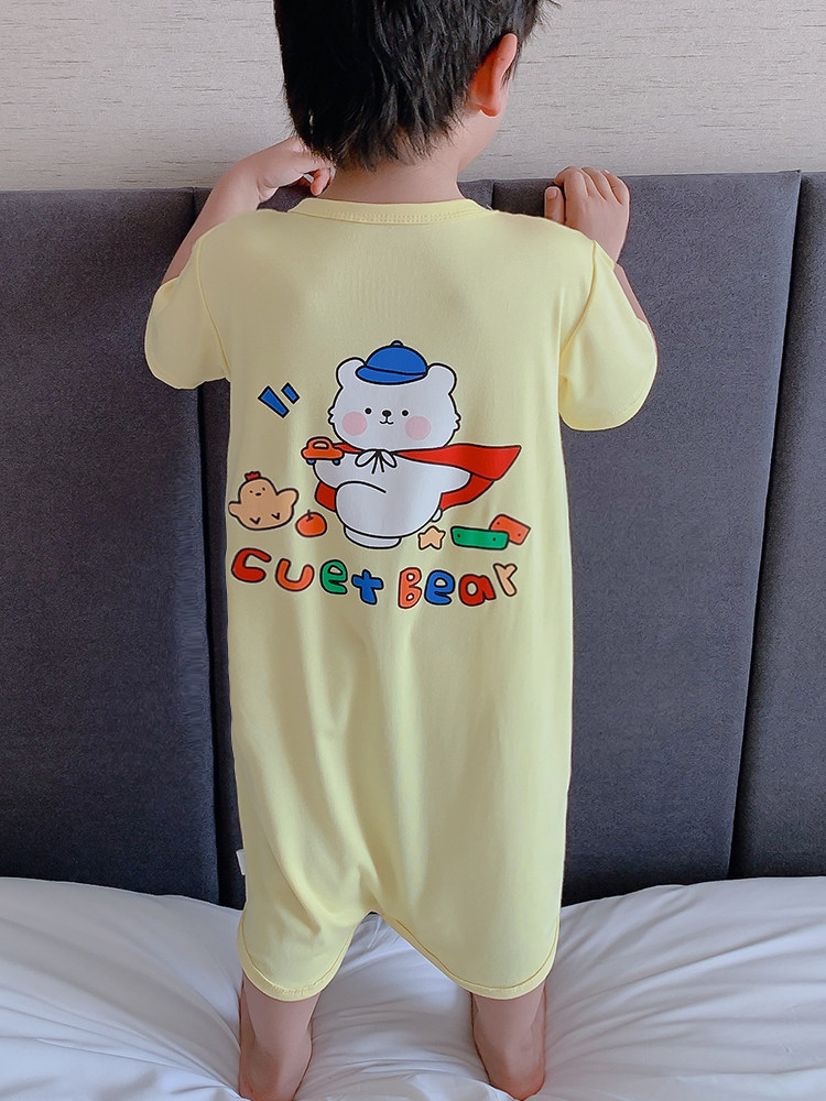CHILDRENS ONE-PIECE PAJAMAS BOYS SUMMER THIN MODAL SHORT SLEEVE BABY BABY AIR-CONDITIONED SUITS GIRLS KICK-PROOF NIGHTDRESSES