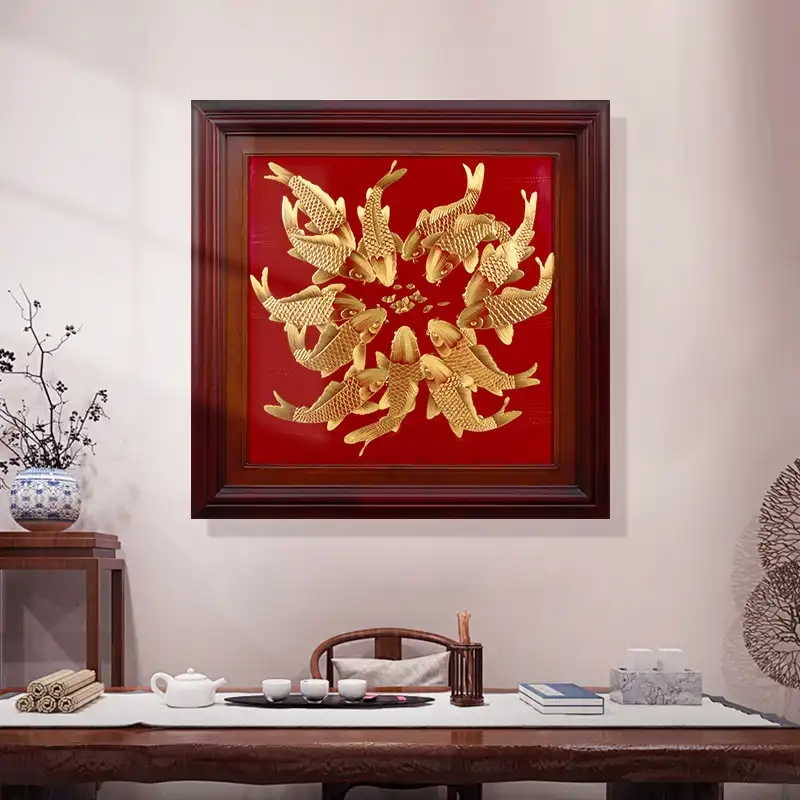 (Three Qi Emperor) Thirteen Fish Gold Carving Painting Oriental copper relief ingenuity craftsmanship pure hand-carved