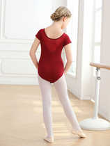 Dance wear childrens summer girls wine red one-piece exercise clothes ballet short-sleeved suit dance special clothes