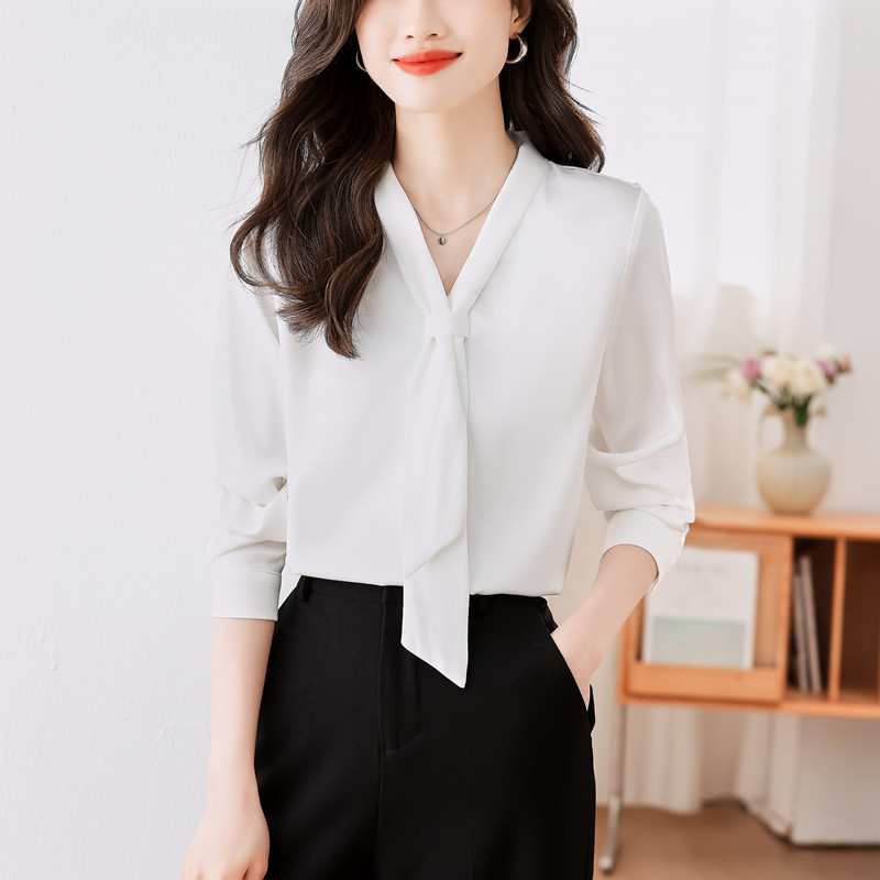 White-Collar High-End 2026 Spring Versatile Professional Silk White Shirt Women's Long-Sleeved Ribbon Silk Top