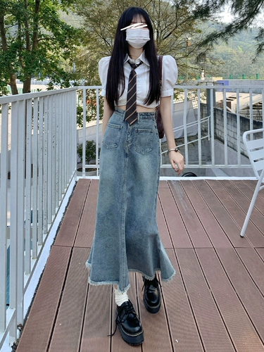 Ретро юбка в складку, джинсовая длинная юбка, высокая талия, крой «рыбий хвост»